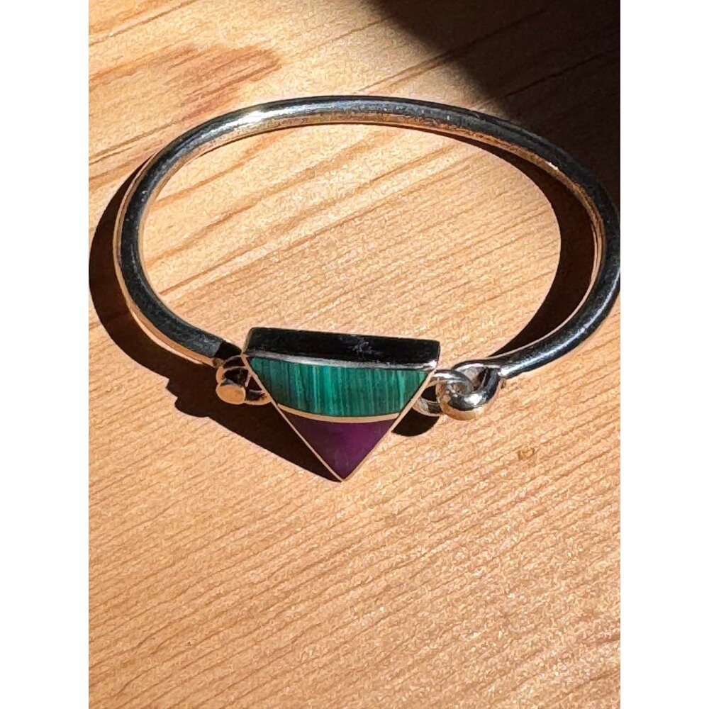 Sterling Silver Triangle Bangle Hinged Bracelet With Malachite Sugilite Inlay - Picture 8 of 8